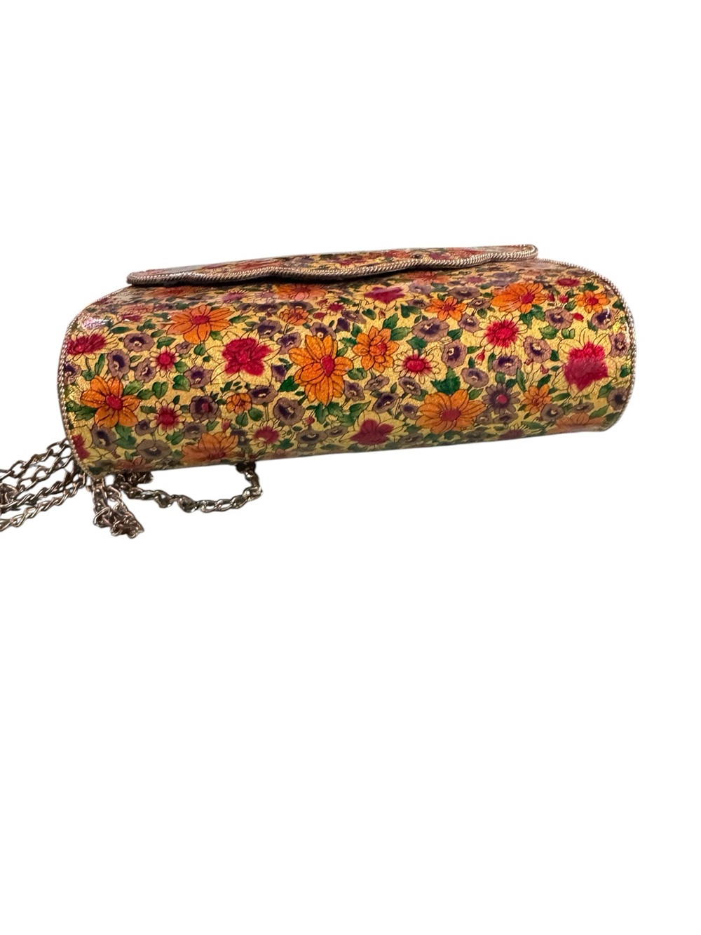 Vintage Antik Kraft Floral Decoupage Clutch Crossbody Chain Bag Boho Gold - Picture 7 of 11